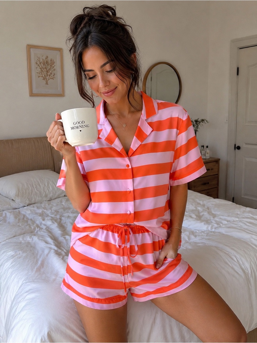 Ann Taylor Satin Stripe Pajama Set | Barbiecore Pink Orange Size L